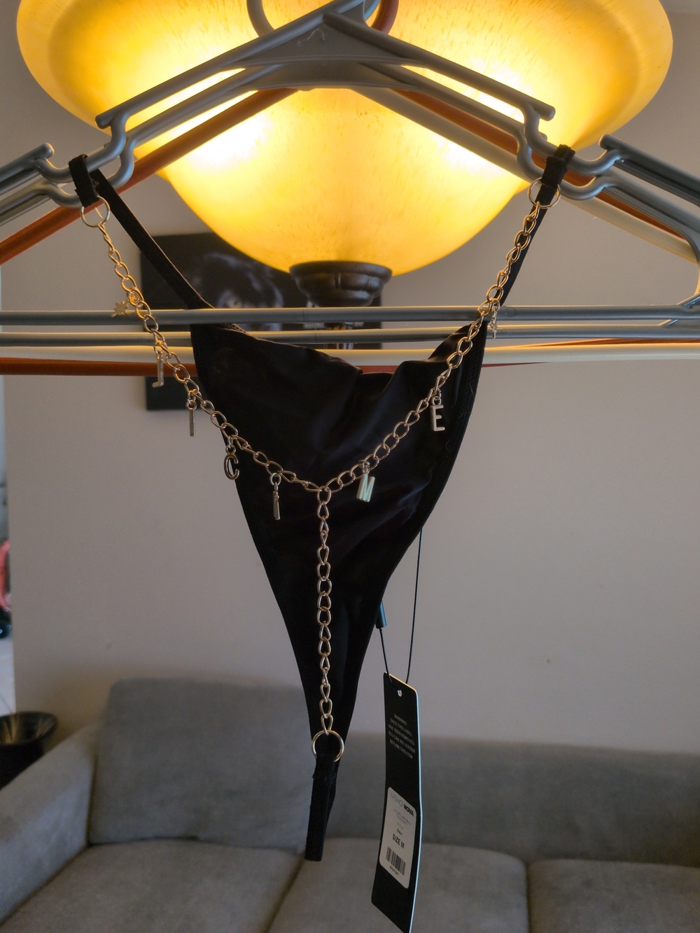 Fashion Nova Black Thong with Gold Letter-Charm Chain Lick Me